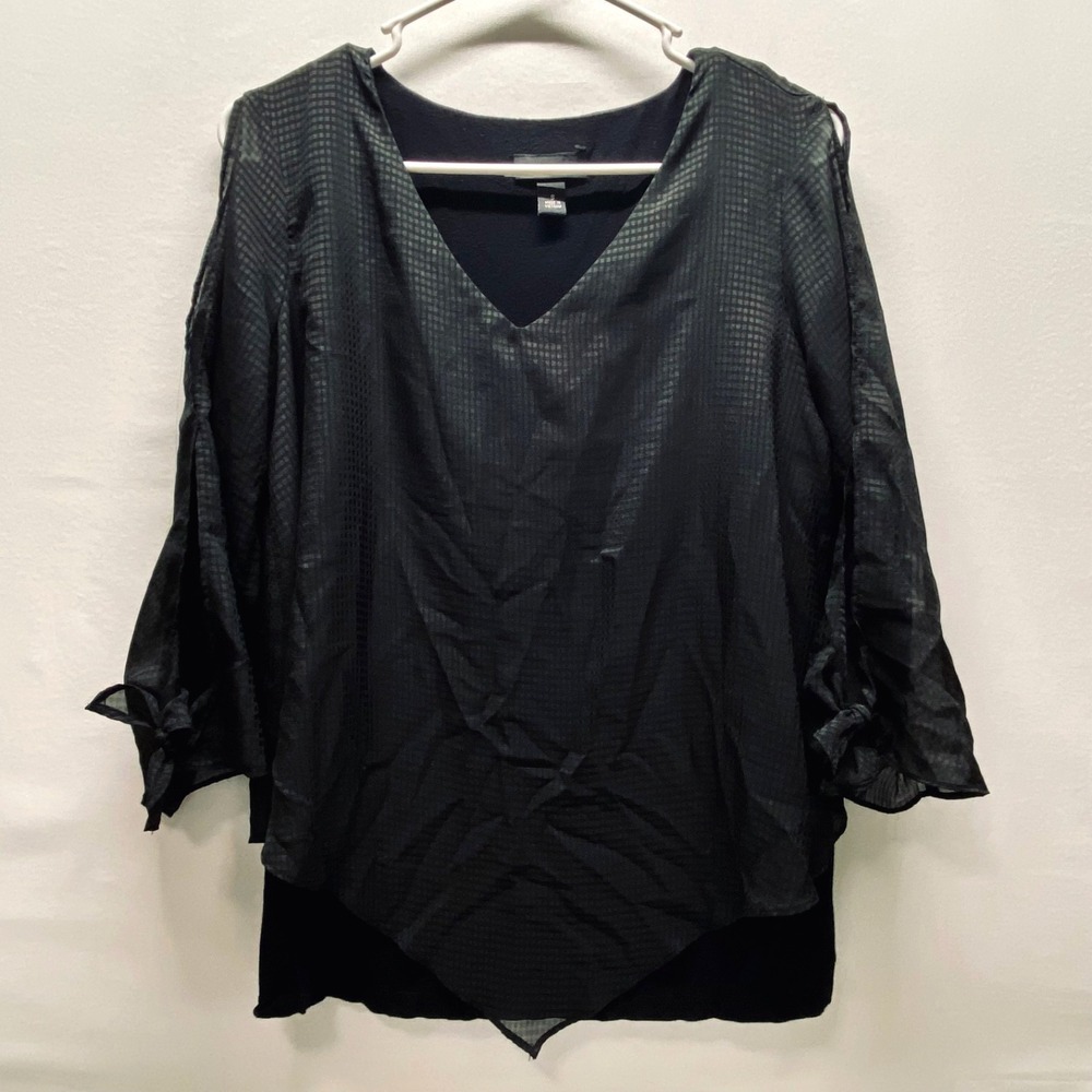 ALYX Popover Blouse Women's Small Black Grid Open 3/4 Sleeve Semi Sheer V-Neck